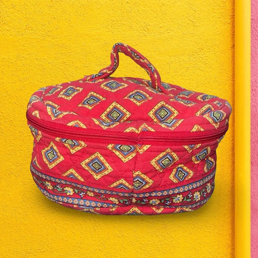 Vera Bradley Round Train Case Villa Red Quilted Cotton Makeup Cosmetic Bag VTG